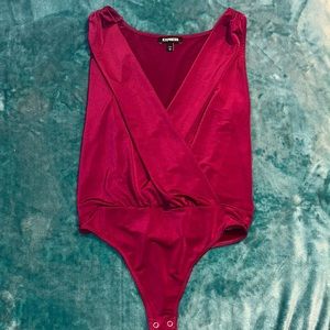 Women’s Express: V-Neck Surplice Pleated Shoulder Bodysuit
